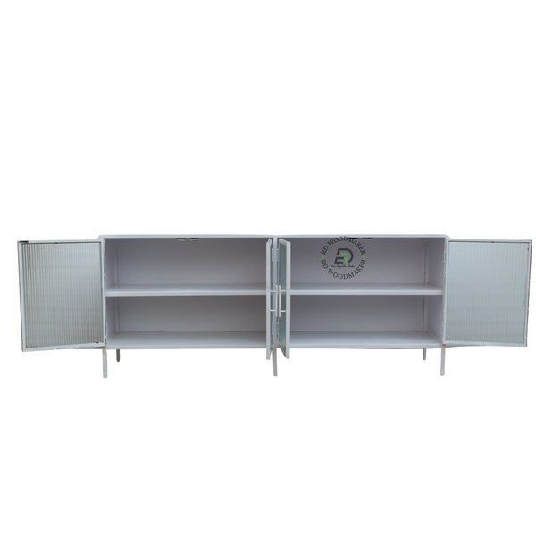 WHITE METAL & RIBBED GLASS DISPLAY SIDEBOARD