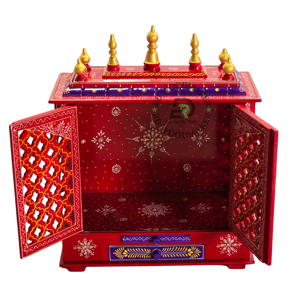 PREMIUM HAND-PAINTED RED WOODEN HOME TEMPLE WITH JALI DOUBLE DOORS & DOUBLE STORAGE DRAWERS