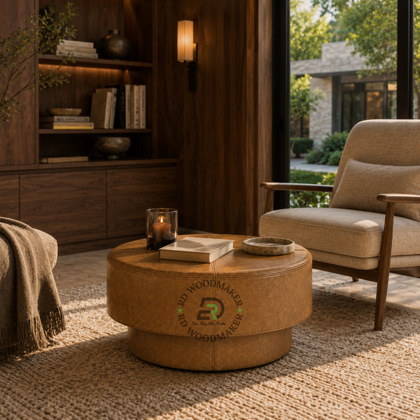 MODERN ROUND LEATHER UPHOLSTERED COFFEE TABLE