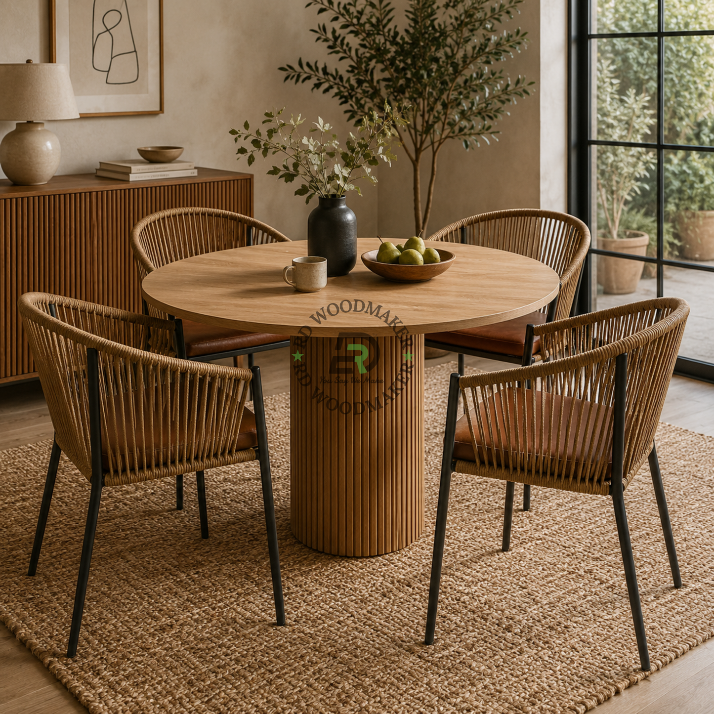 NATURAL ROPE WOVEN DINING ARMCHAIR WITH BROWN CUSHION