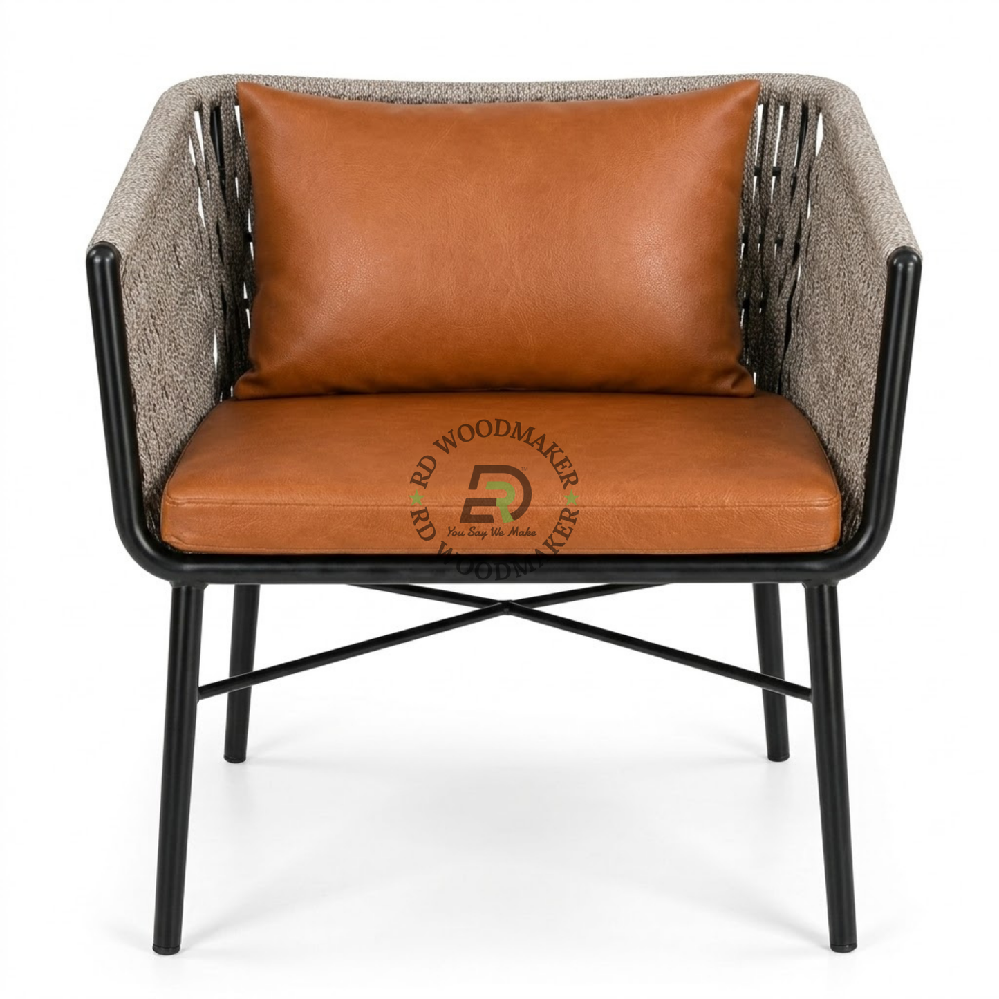 PREMIUM WOVEN ROPE LOUNGE ARMCHAIR WITH COGNAC CUSHIONS