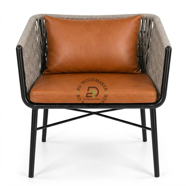 PREMIUM WOVEN ROPE LOUNGE ARMCHAIR WITH COGNAC CUSHIONS