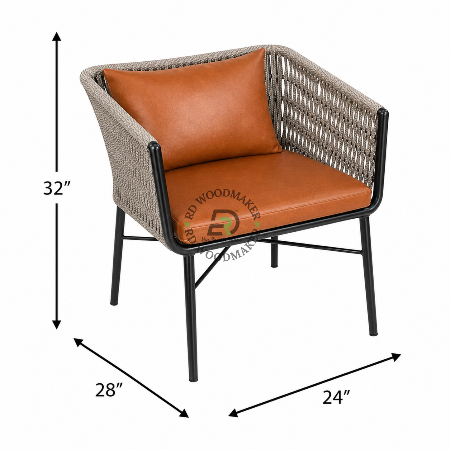 PREMIUM WOVEN ROPE LOUNGE ARMCHAIR WITH COGNAC CUSHIONS