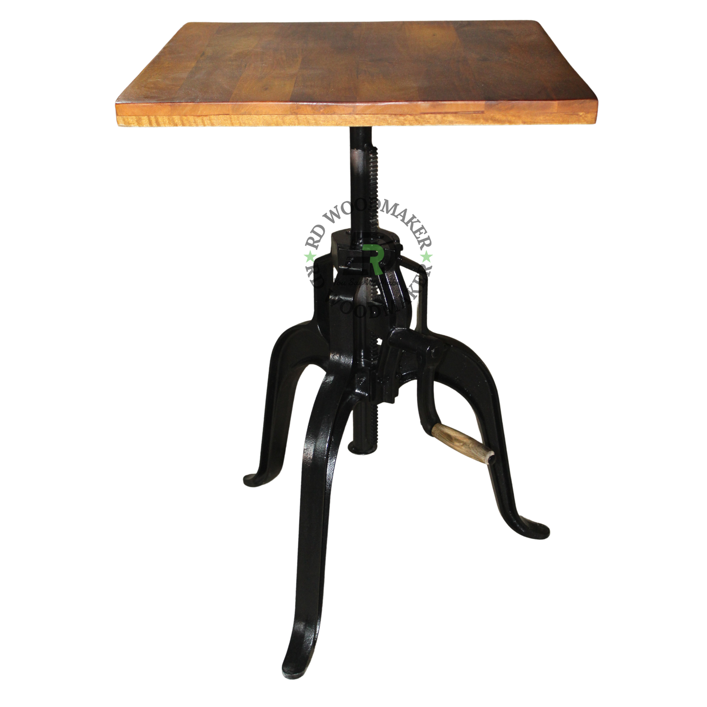 VINTAGE ADJUSTABLE CRANK WOODEN TABLE WITH CAST METAL BASE