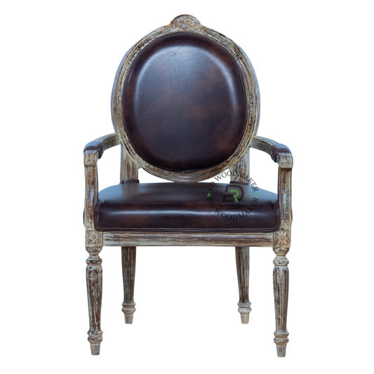 PREMIUM VINTAGE CARVED WOODEN ARMCHAIR WITH BROWN LEATHERETTE UPHOLSTERY