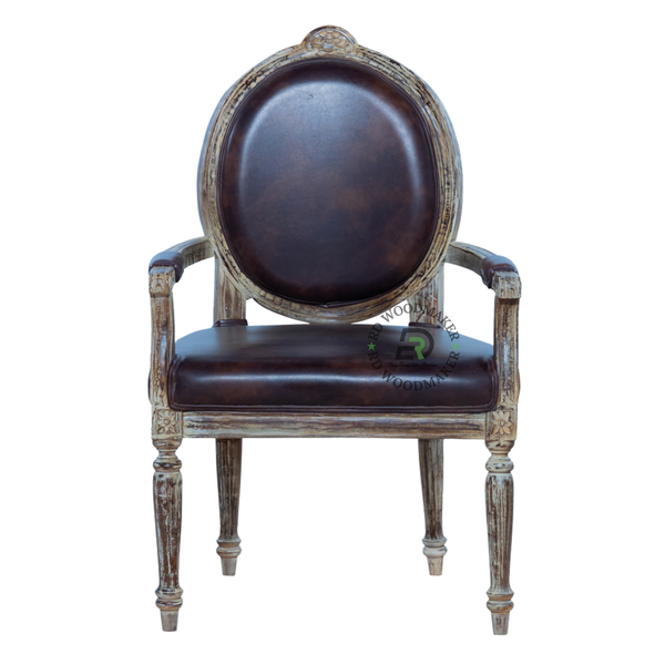 PREMIUM VINTAGE CARVED WOODEN ARMCHAIR WITH BROWN LEATHERETTE UPHOLSTERY
