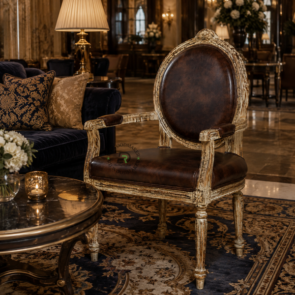 PREMIUM VINTAGE CARVED WOODEN ARMCHAIR WITH BROWN LEATHERETTE UPHOLSTERY