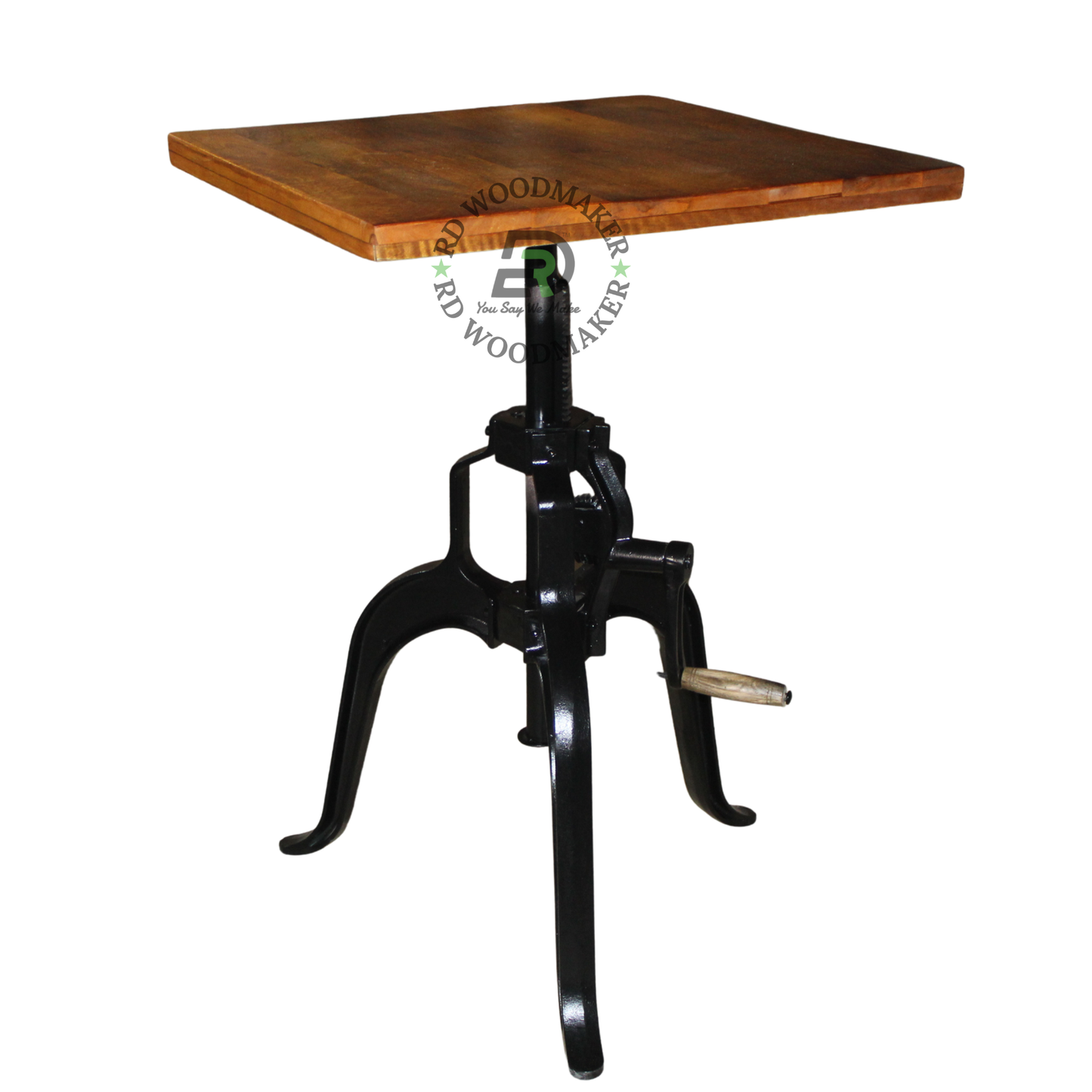 VINTAGE ADJUSTABLE CRANK WOODEN TABLE WITH CAST METAL BASE