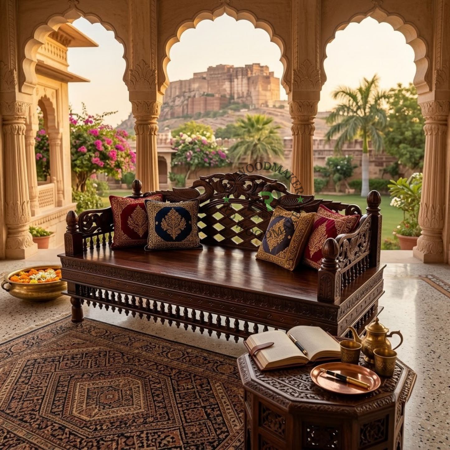 ROYAL HANDCARVED WOODEN DIWAN SOFA WITH LATTICE BACKREST