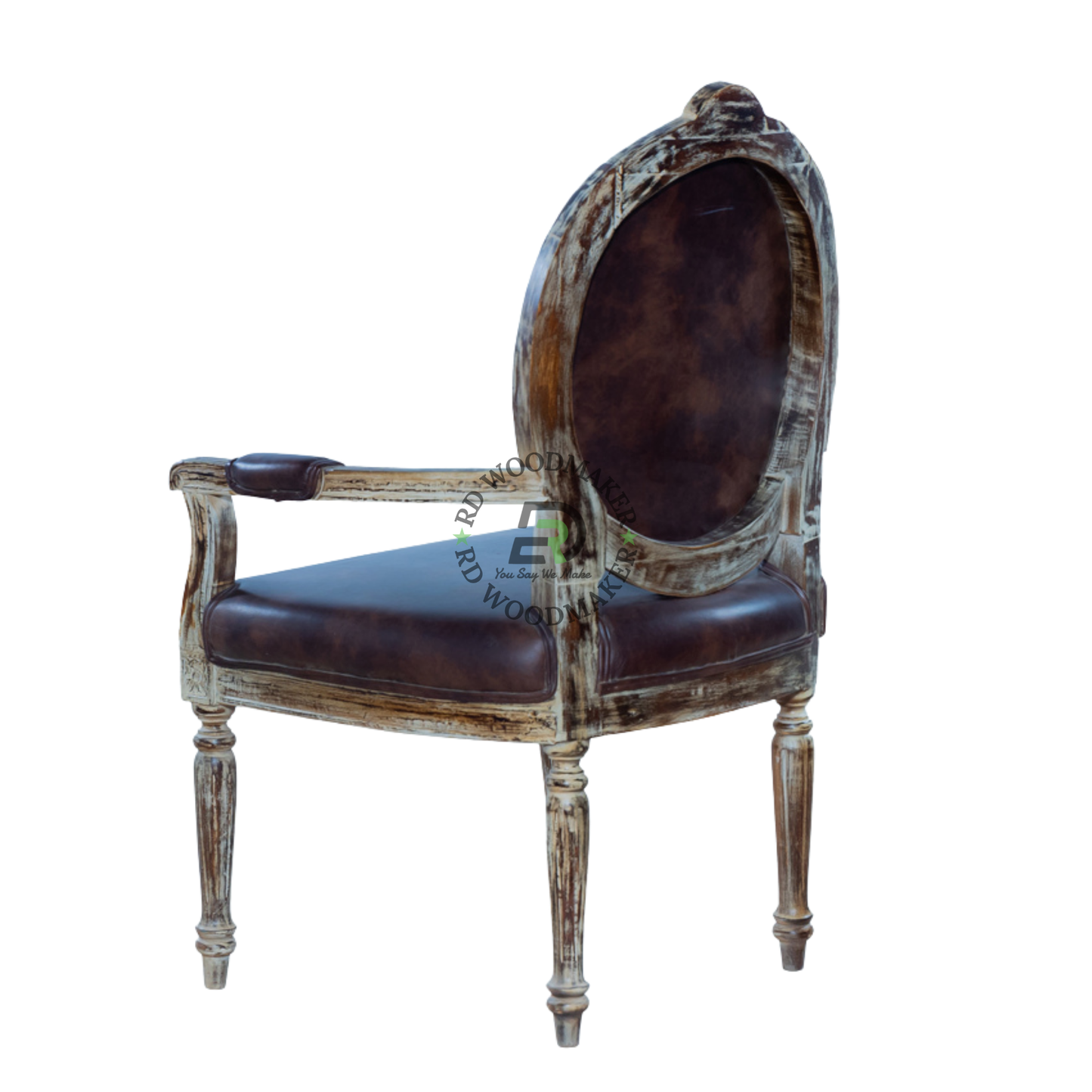 PREMIUM VINTAGE CARVED WOODEN ARMCHAIR WITH BROWN LEATHERETTE UPHOLSTERY