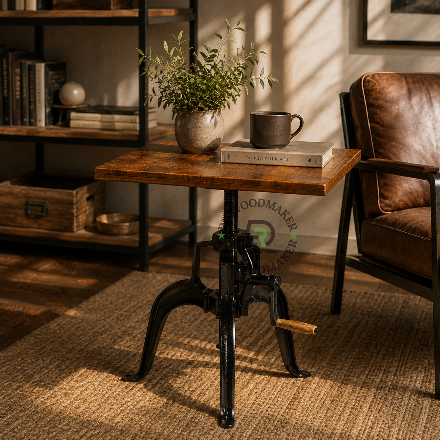 VINTAGE ADJUSTABLE CRANK WOODEN TABLE WITH CAST METAL BASE