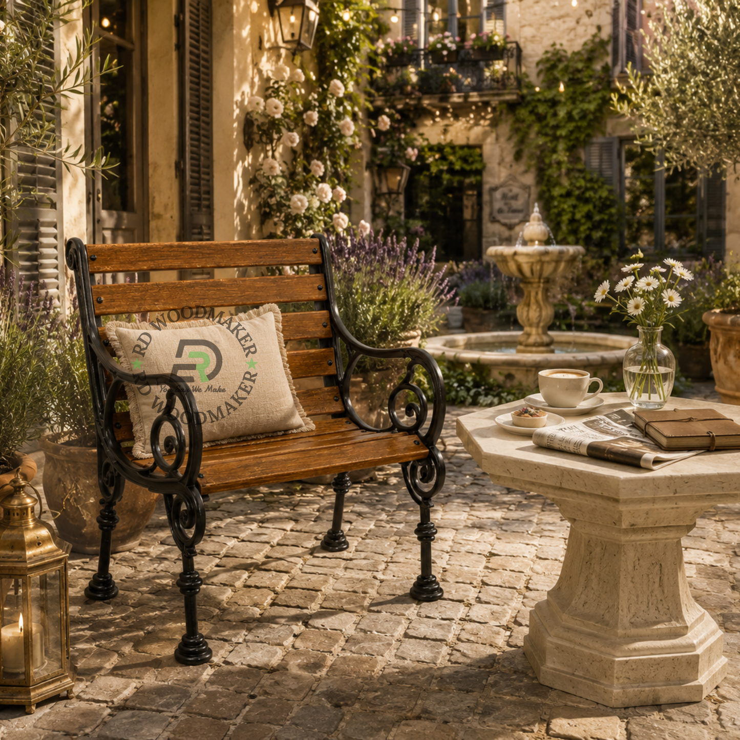 CLASSIC WOODEN SLAT GARDEN ARMCHAIR WITH CAST METAL FRAME