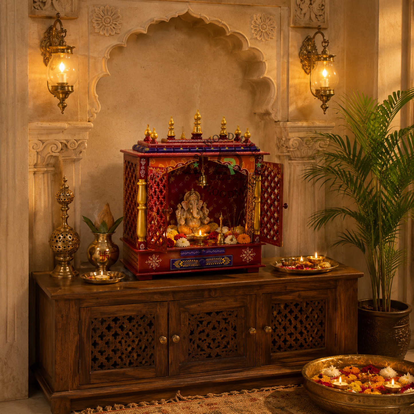 PREMIUM HAND-PAINTED RED WOODEN HOME TEMPLE WITH JALI DOUBLE DOORS & DOUBLE STORAGE DRAWERS