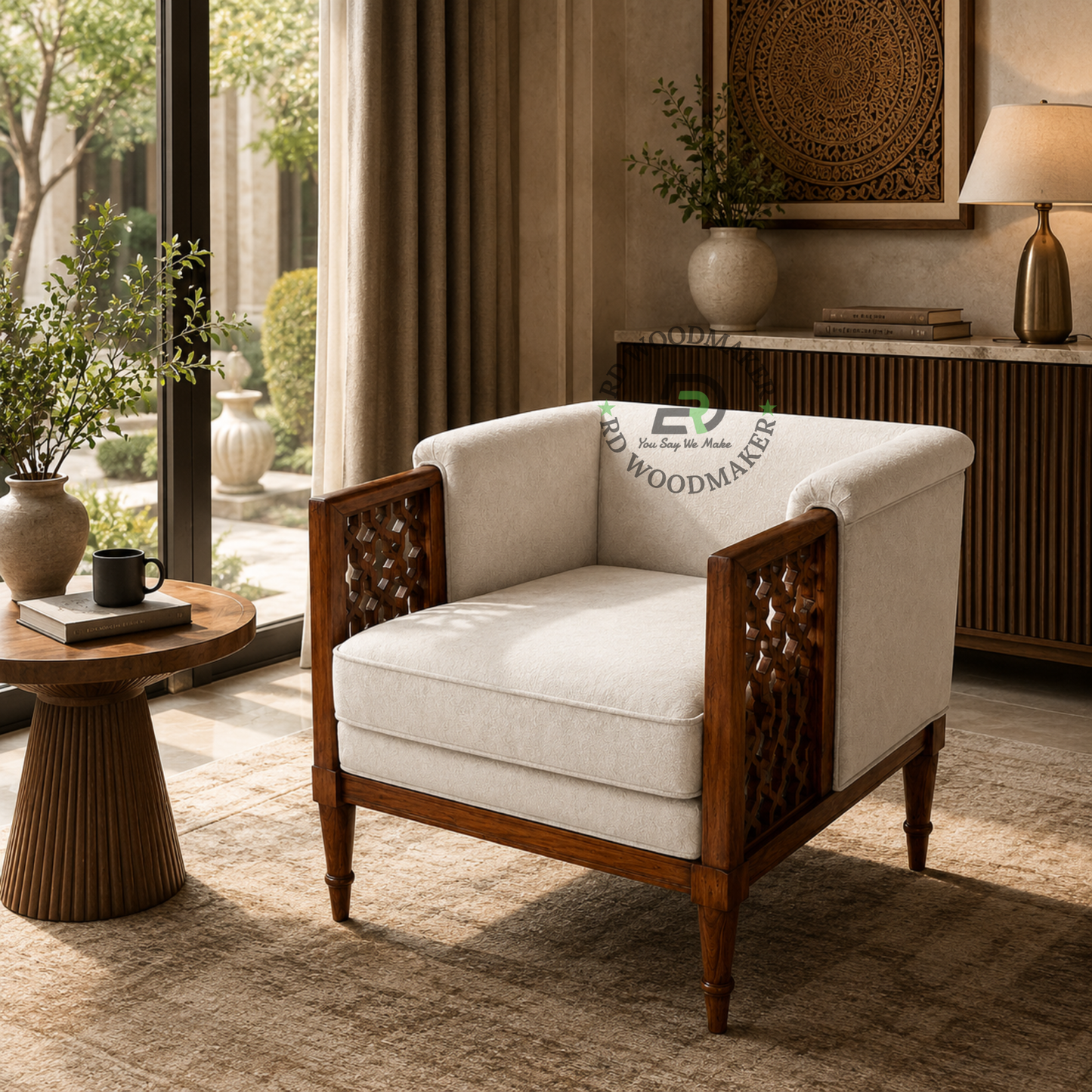 WOODEN JALI ARMCHAIR WITH GREY UPHOLSTERY