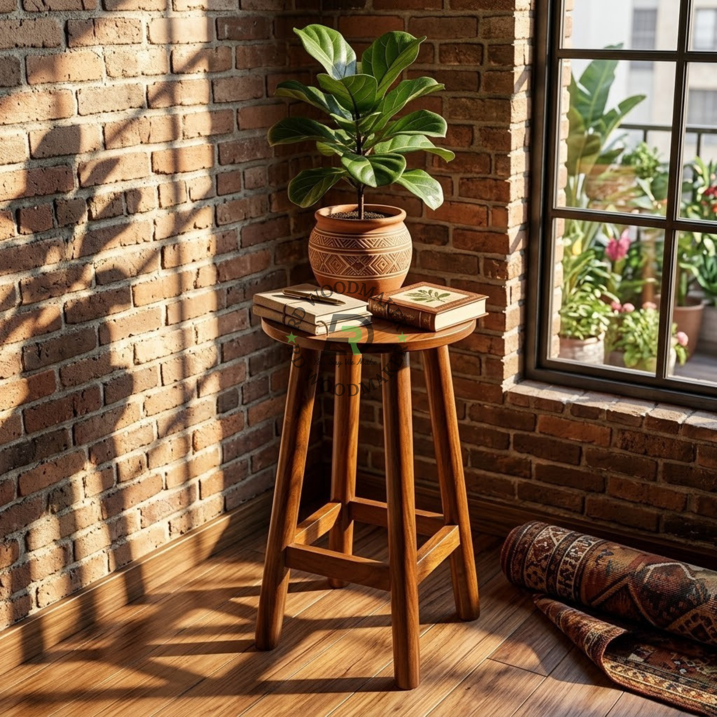 SOLID WOOD ROUND BAR STOOL WITH FOOTREST