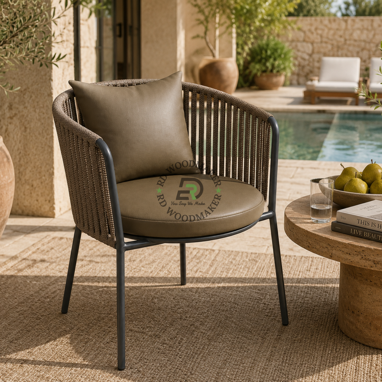 ROUND ROPE WOVEN LOUNGE ARMCHAIR WITH TAUPE CUSHIONS
