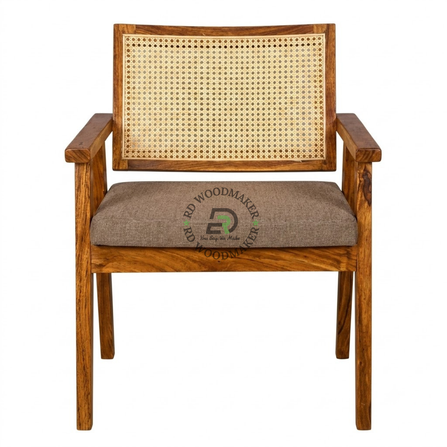 PREMIUM CANE BACK WOODEN ARMCHAIR WITH BEIGE UPHOLSTERED SEAT