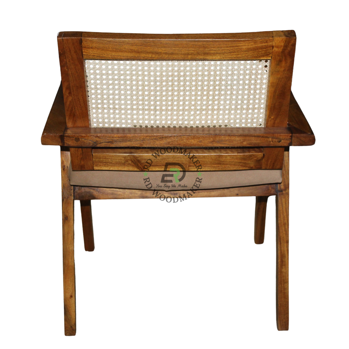 PREMIUM CANE BACK WOODEN ARMCHAIR WITH BEIGE UPHOLSTERED SEAT
