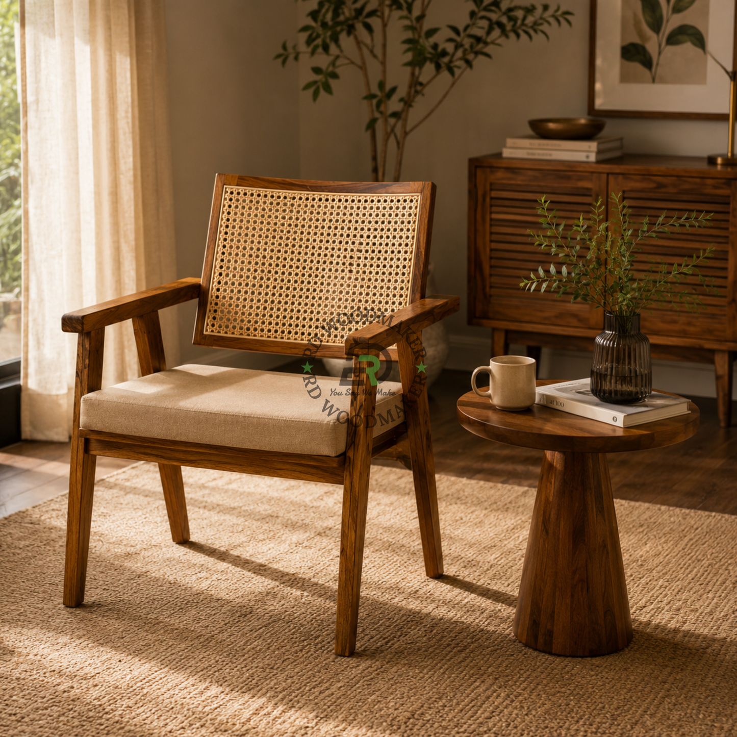 PREMIUM CANE BACK WOODEN ARMCHAIR WITH BEIGE UPHOLSTERED SEAT