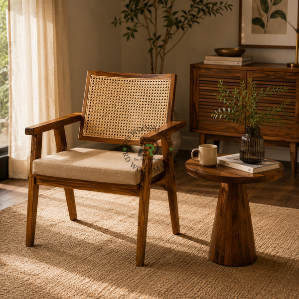 PREMIUM CANE BACK WOODEN ARMCHAIR WITH BEIGE UPHOLSTERED SEAT