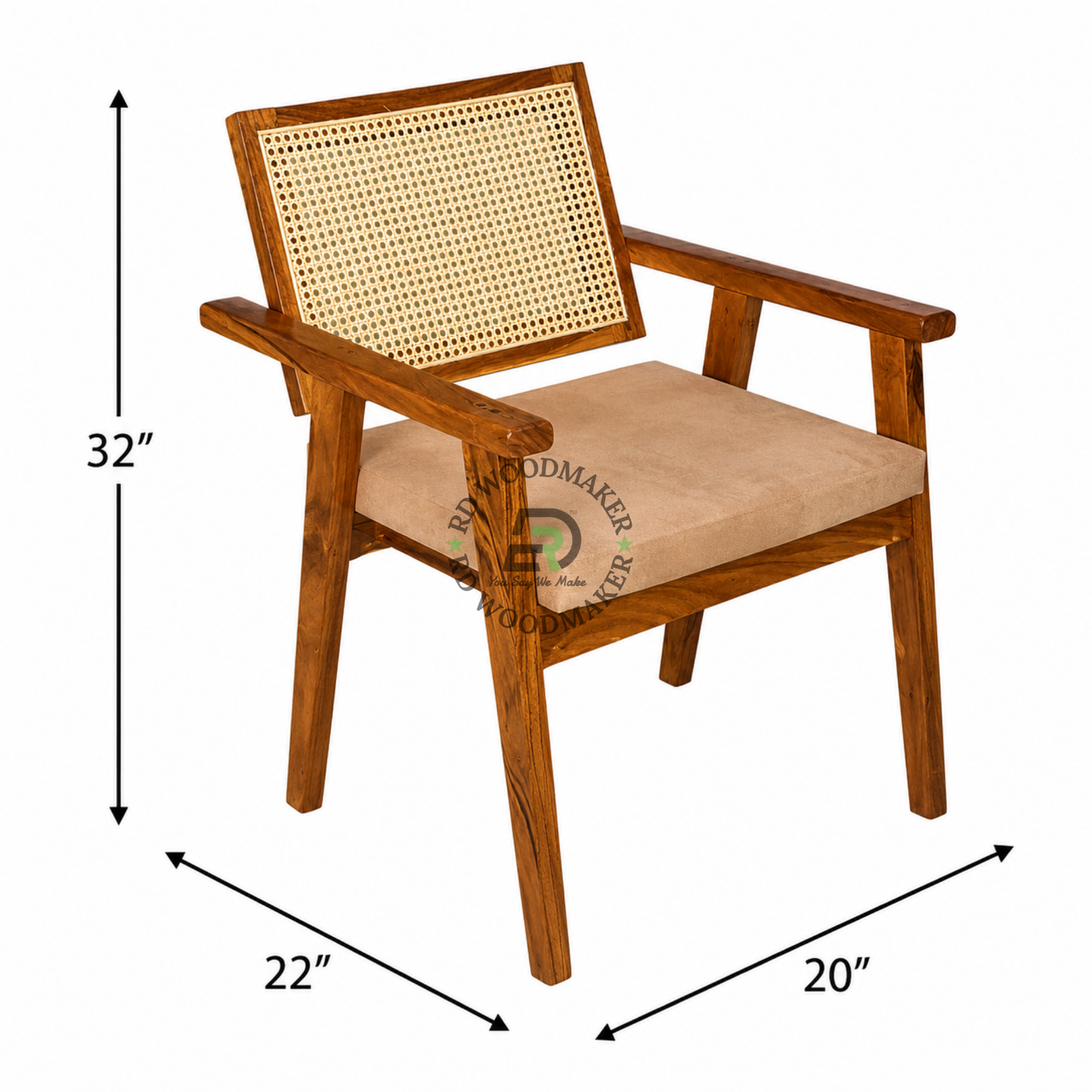 PREMIUM CANE BACK WOODEN ARMCHAIR WITH BEIGE UPHOLSTERED SEAT