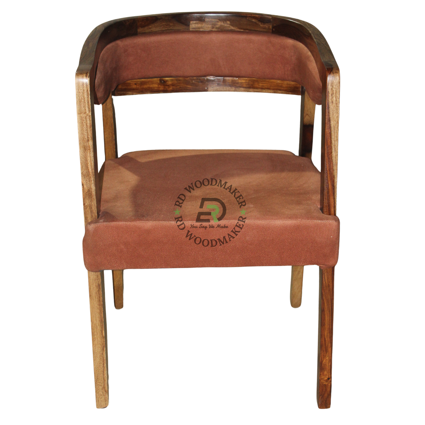 CURVED WOODEN DINING ARMCHAIR WITH RUST BROWN UPHOLSTERY