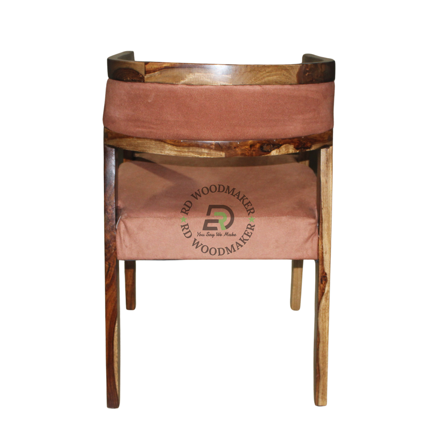 CURVED WOODEN DINING ARMCHAIR WITH RUST BROWN UPHOLSTERY
