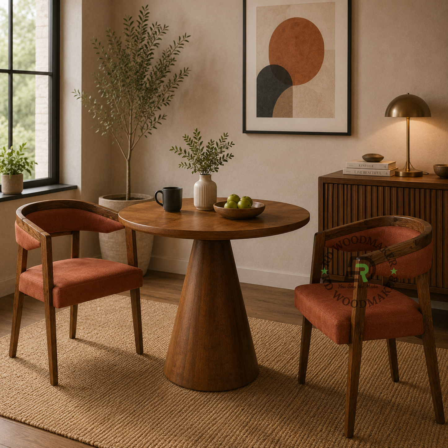 CURVED WOODEN DINING ARMCHAIR WITH RUST BROWN UPHOLSTERY