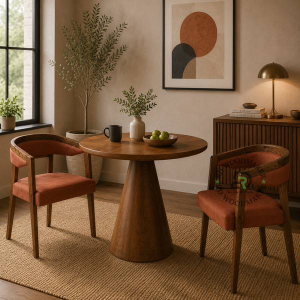 CURVED WOODEN DINING ARMCHAIR WITH RUST BROWN UPHOLSTERY