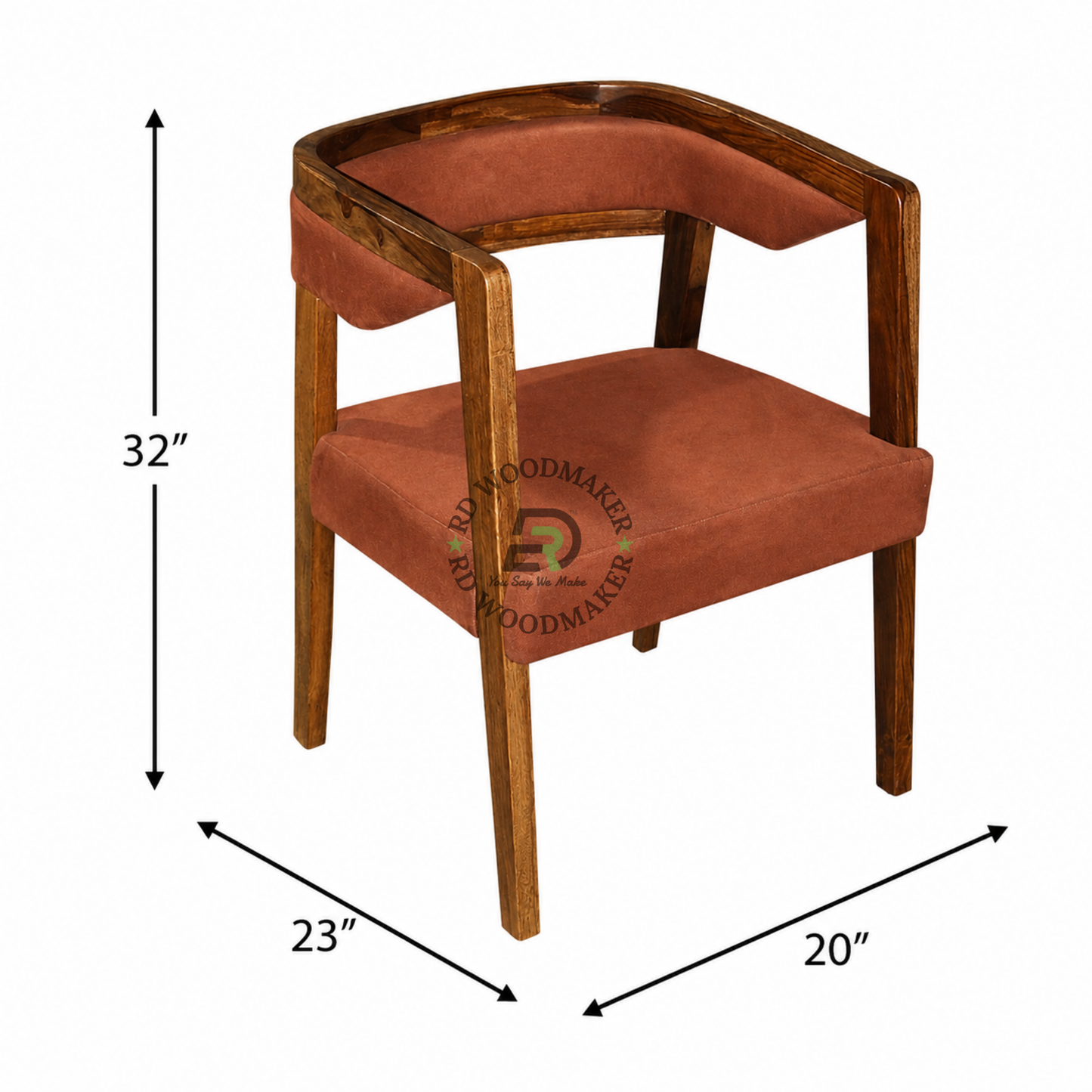 CURVED WOODEN DINING ARMCHAIR WITH RUST BROWN UPHOLSTERY