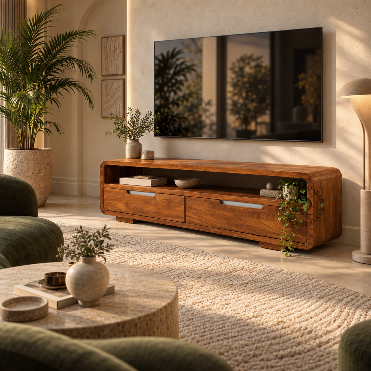 AUREN ROUNDED 2-DRAWER SOLID WOOD TV UNIT