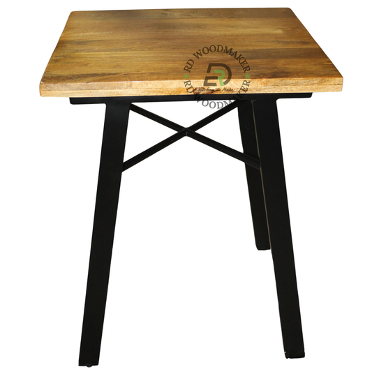 INDUSTRIAL SQUARE WOODEN DINING TABLE WITH ANGLED METAL FRAME