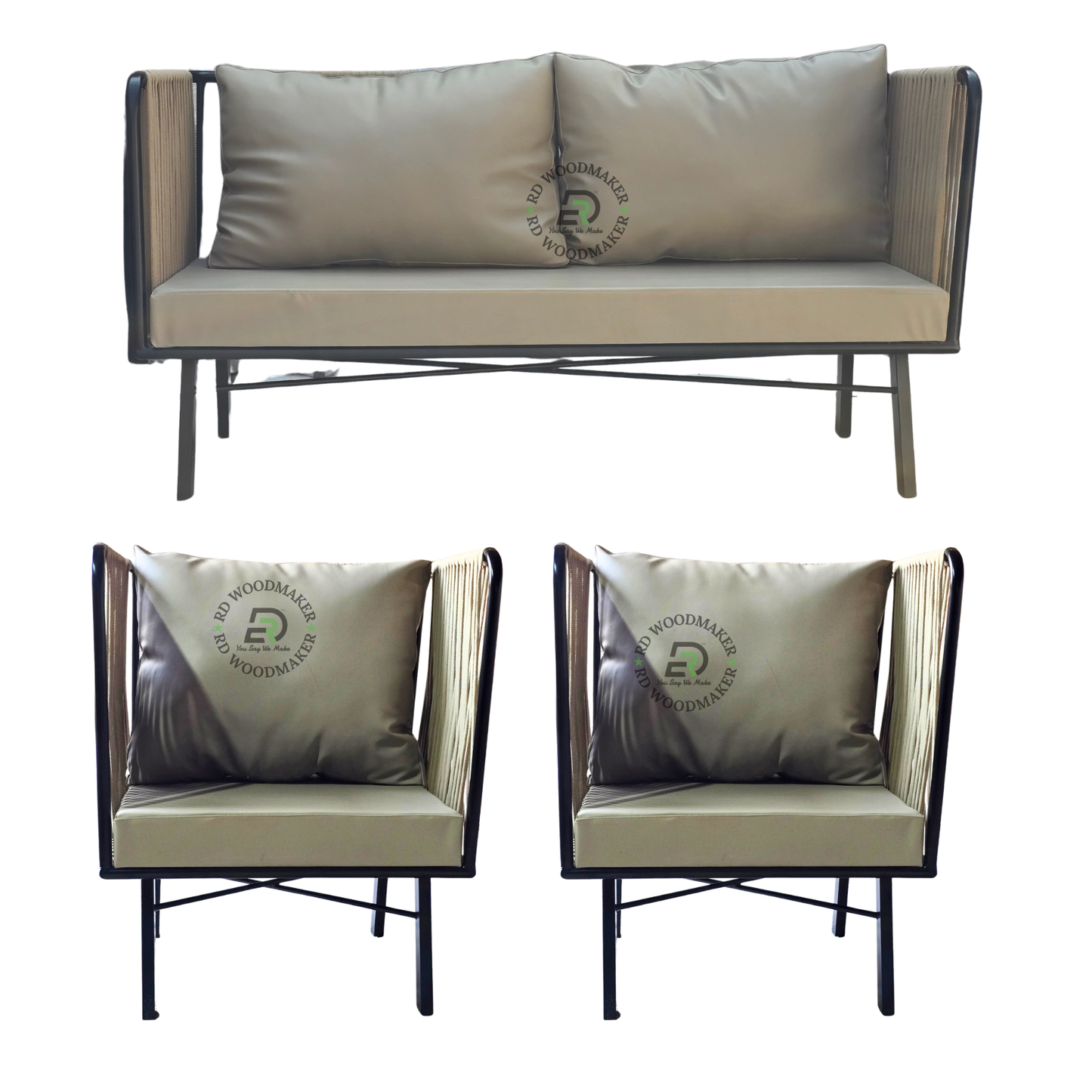 PREMIUM ROPE-WOVEN METAL FRAME THREE-PIECE SOFA SET WITH BEIGE CUSHIONS
