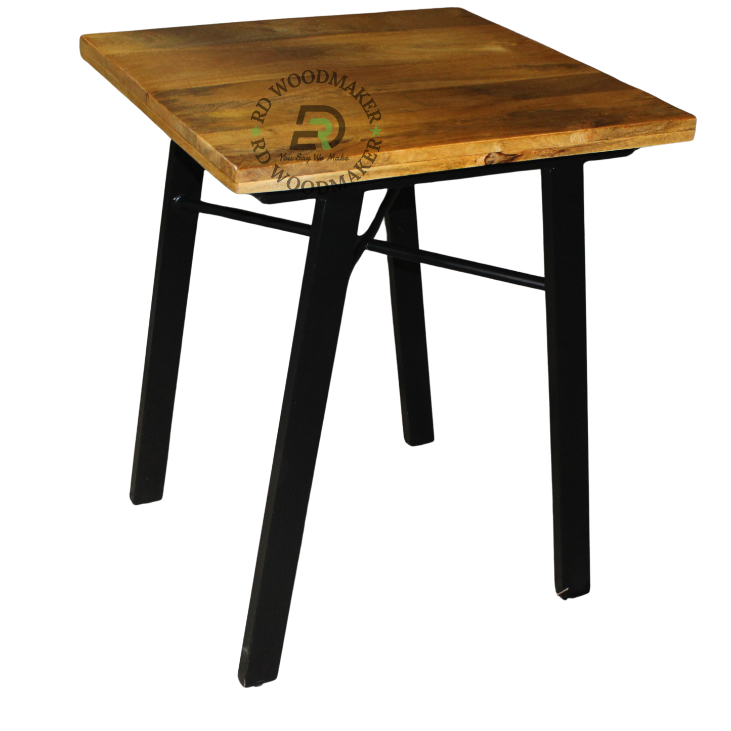 INDUSTRIAL SQUARE WOODEN DINING TABLE WITH ANGLED METAL FRAME