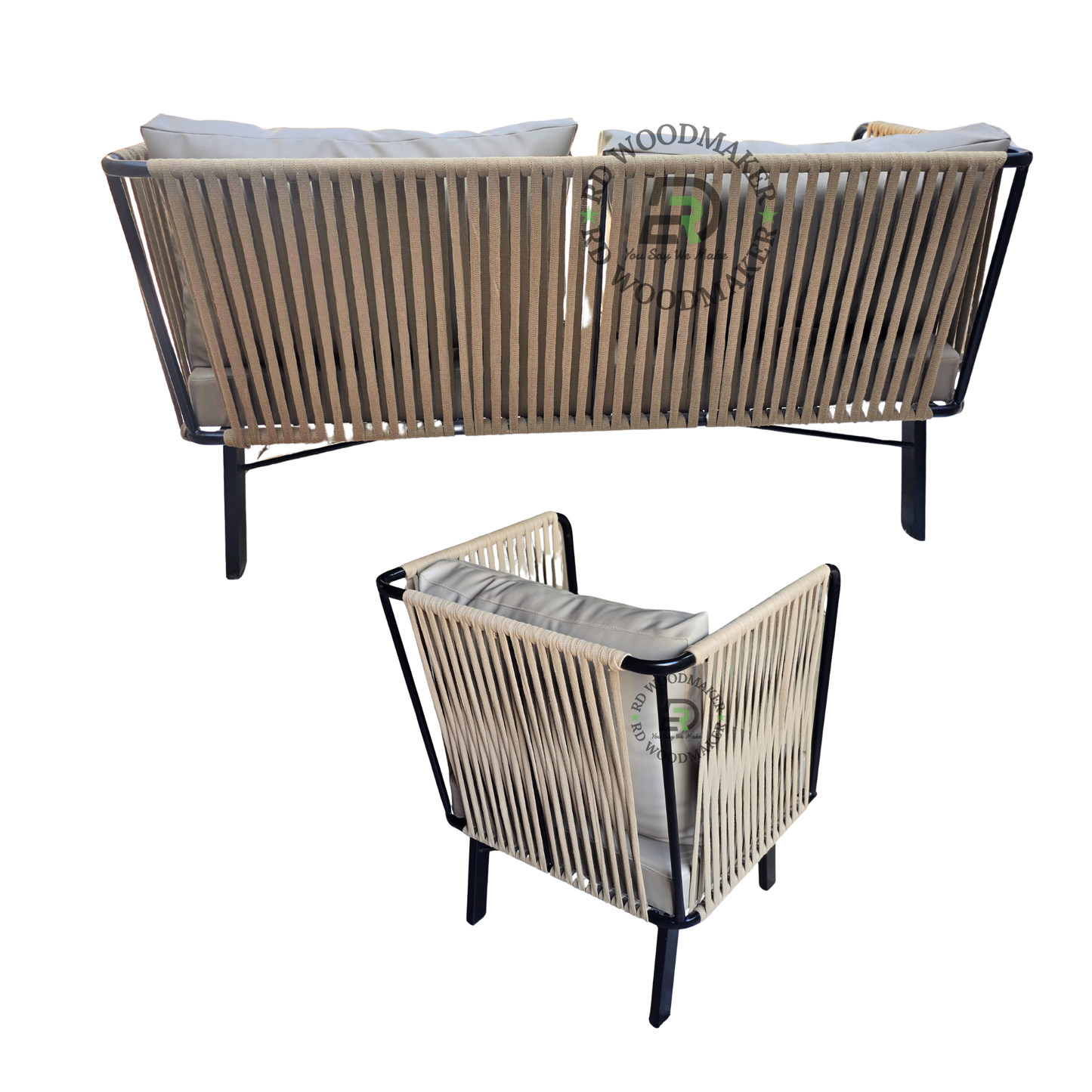 PREMIUM ROPE-WOVEN METAL FRAME THREE-PIECE SOFA SET WITH BEIGE CUSHIONS