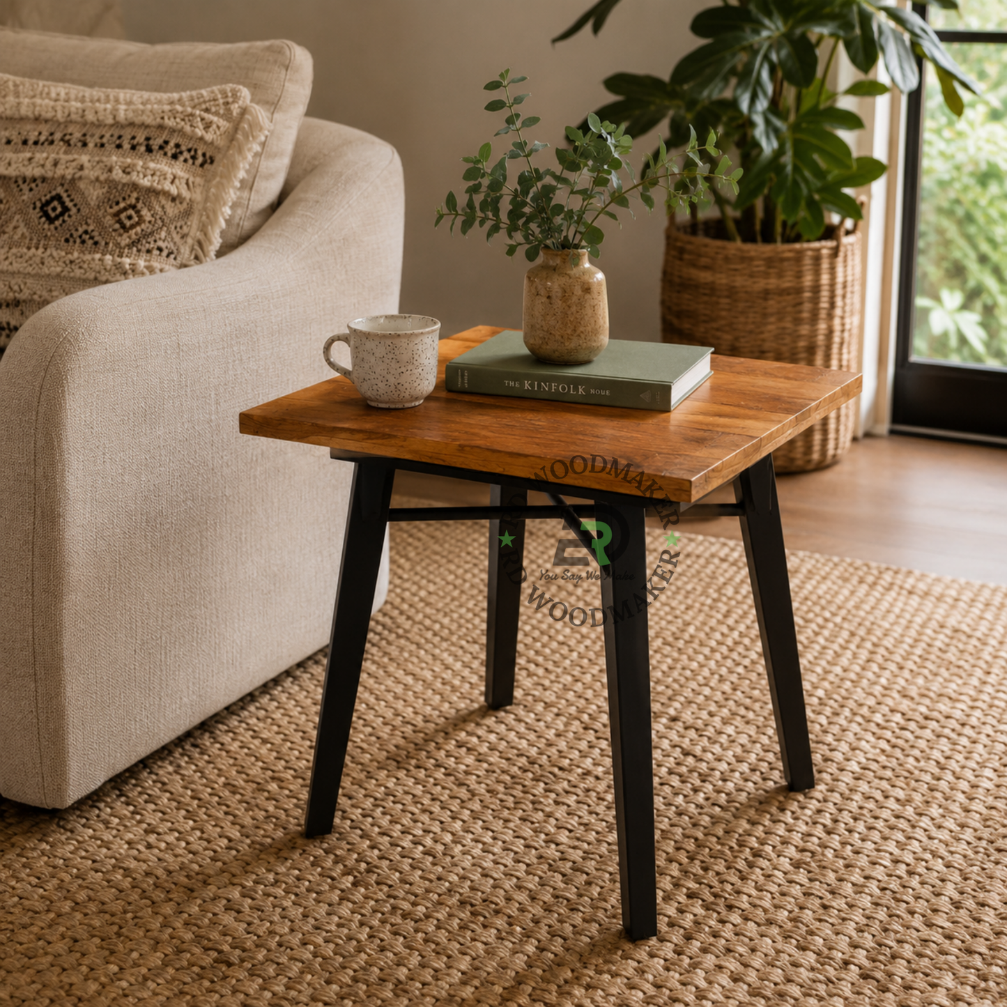 INDUSTRIAL SQUARE WOODEN DINING TABLE WITH ANGLED METAL FRAME