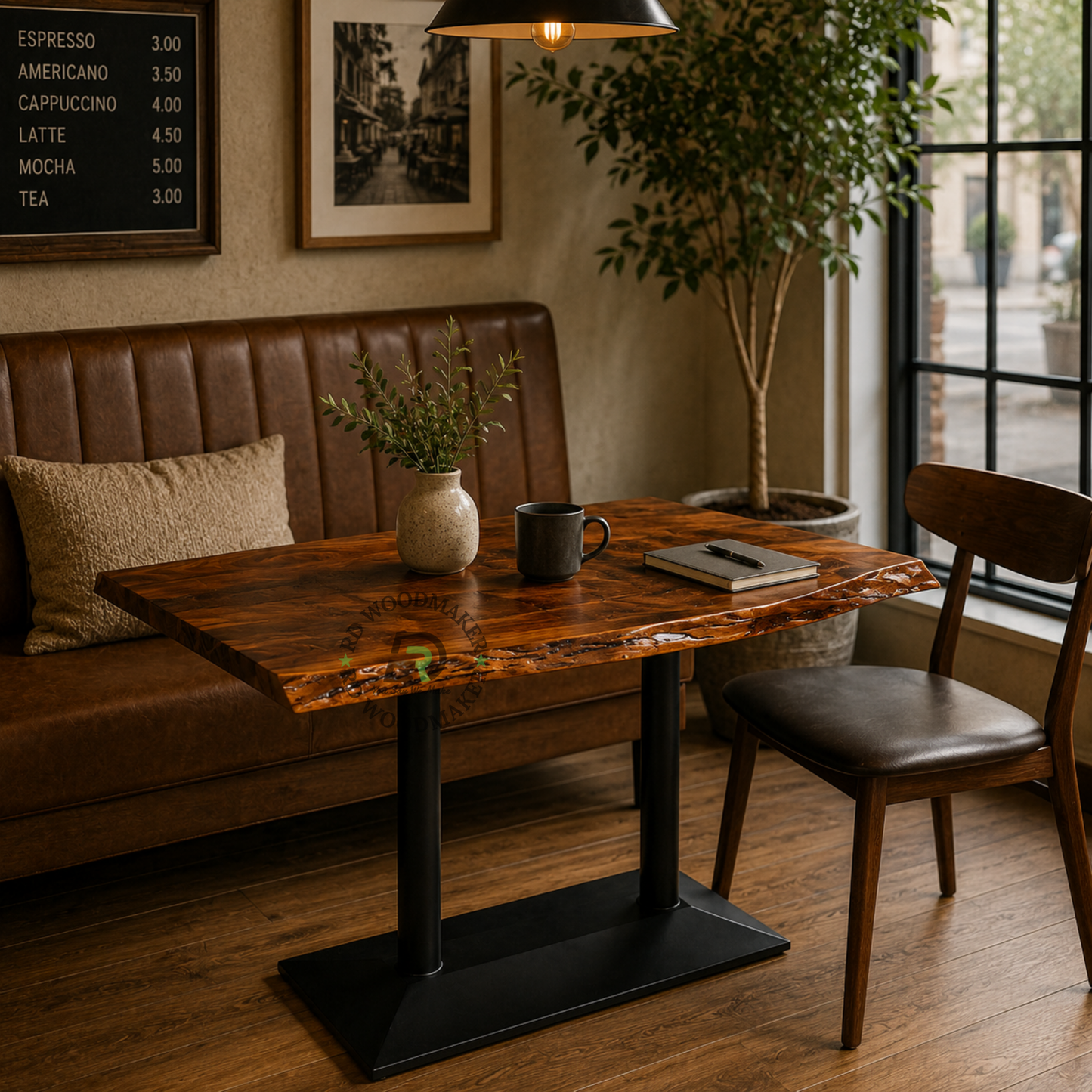 LIVE-EDGE WOODEN DINING TABLE WITH DOUBLE COLUMN PLATFORM BASE