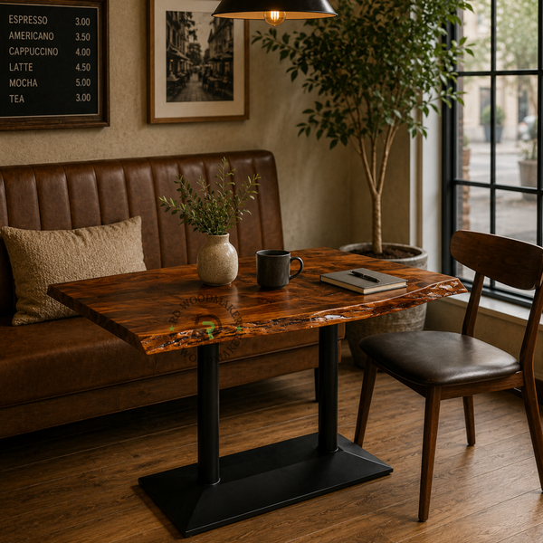 LIVE-EDGE WOODEN DINING TABLE WITH DOUBLE COLUMN PLATFORM BASE