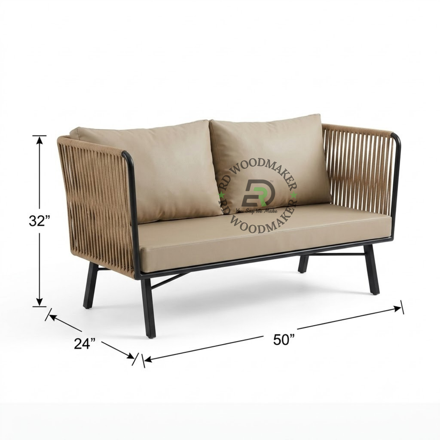 PREMIUM ROPE-WOVEN METAL FRAME THREE-PIECE SOFA SET WITH BEIGE CUSHIONS