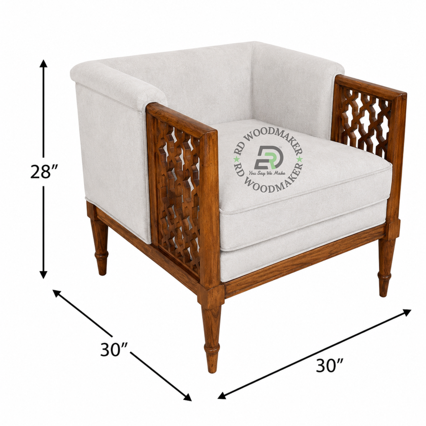 WOODEN JALI ARMCHAIR WITH GREY UPHOLSTERY