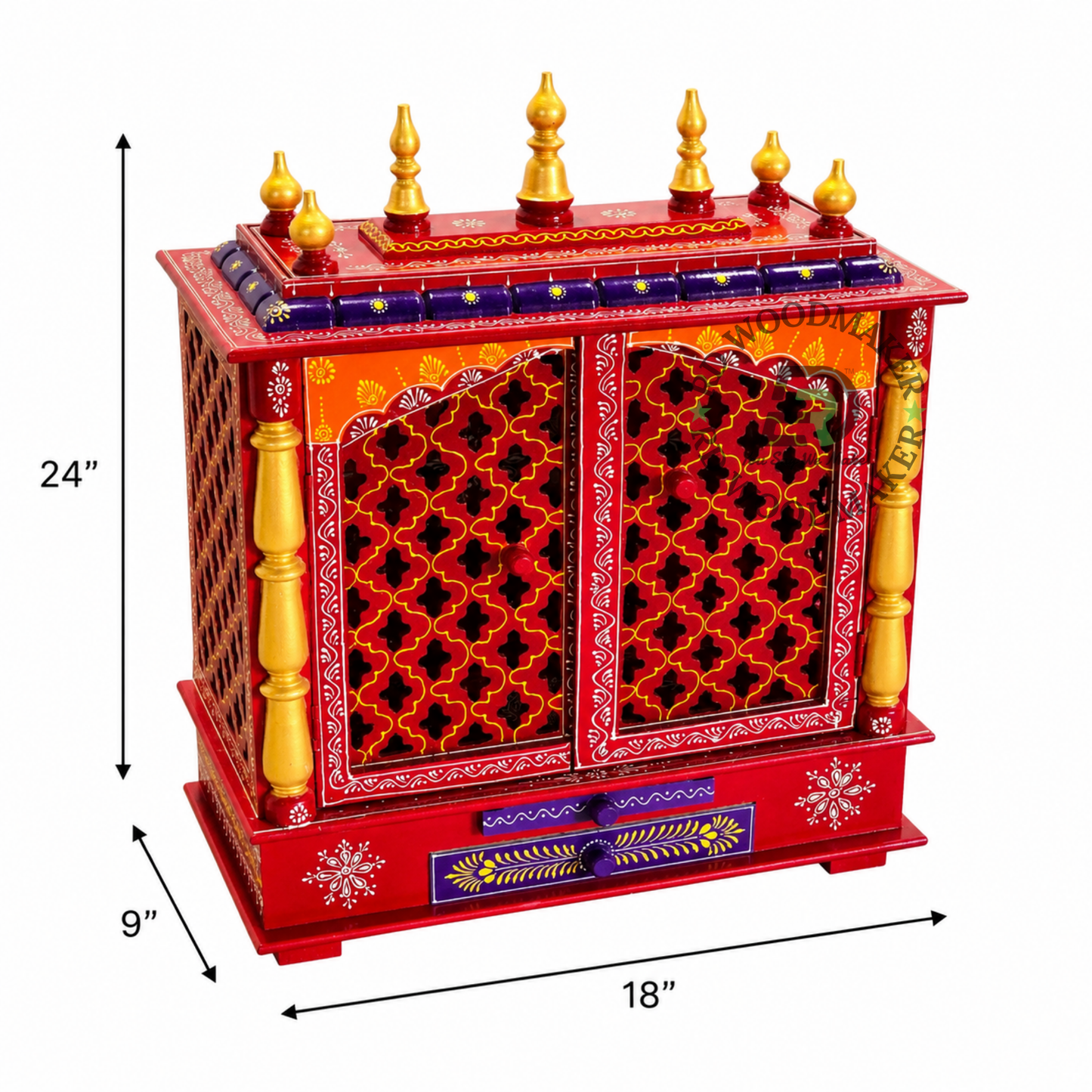 PREMIUM HAND-PAINTED RED WOODEN HOME TEMPLE WITH JALI DOUBLE DOORS & DOUBLE STORAGE DRAWERS