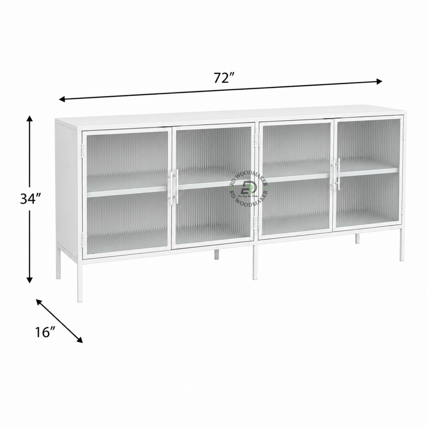 WHITE METAL & RIBBED GLASS DISPLAY SIDEBOARD