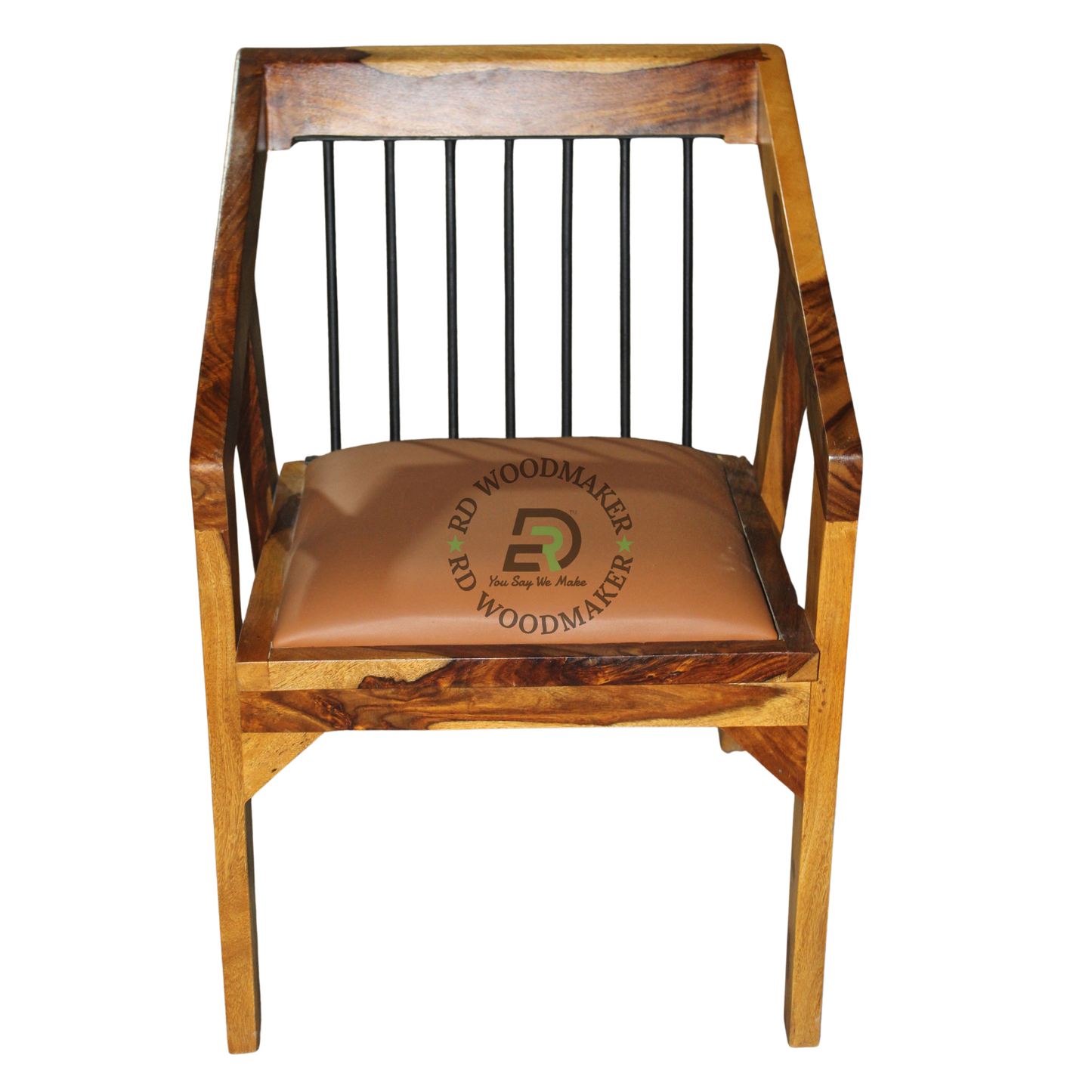 WOODEN DINING ARMCHAIR WITH BLACK METAL SPINDLE BACK AND TAN CUSHION