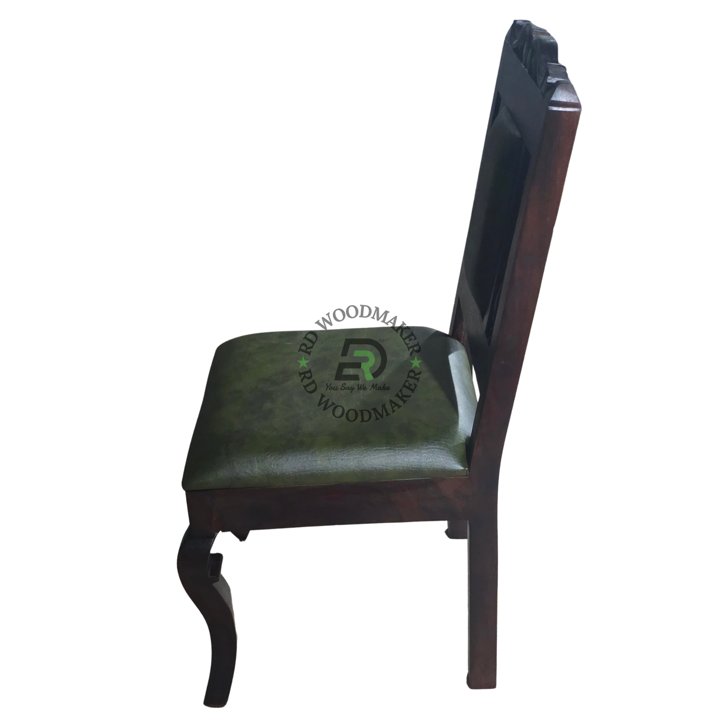 CLASSIC CARVED WOODEN DINING CHAIR WITH GREEN UPHOLSTERED SEAT AND BACK