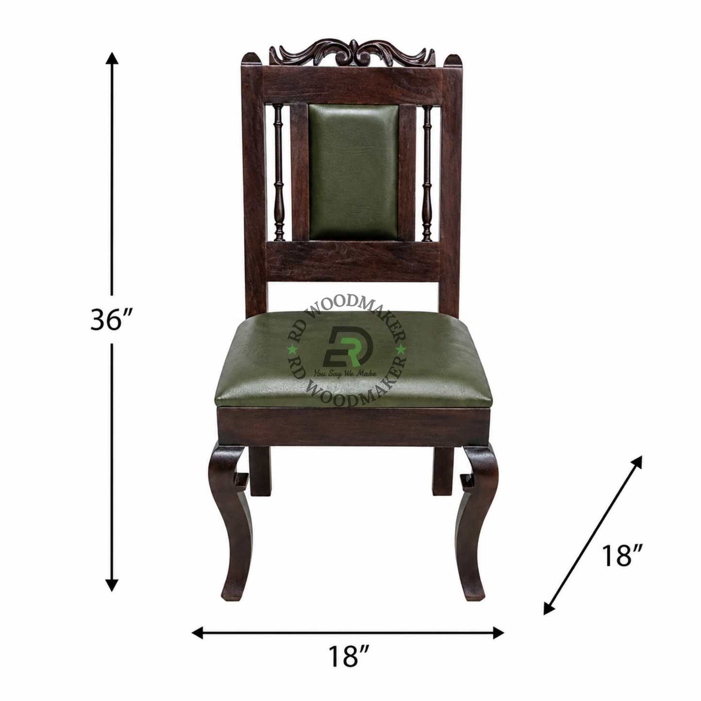 CLASSIC CARVED WOODEN DINING CHAIR WITH GREEN UPHOLSTERED SEAT AND BACK