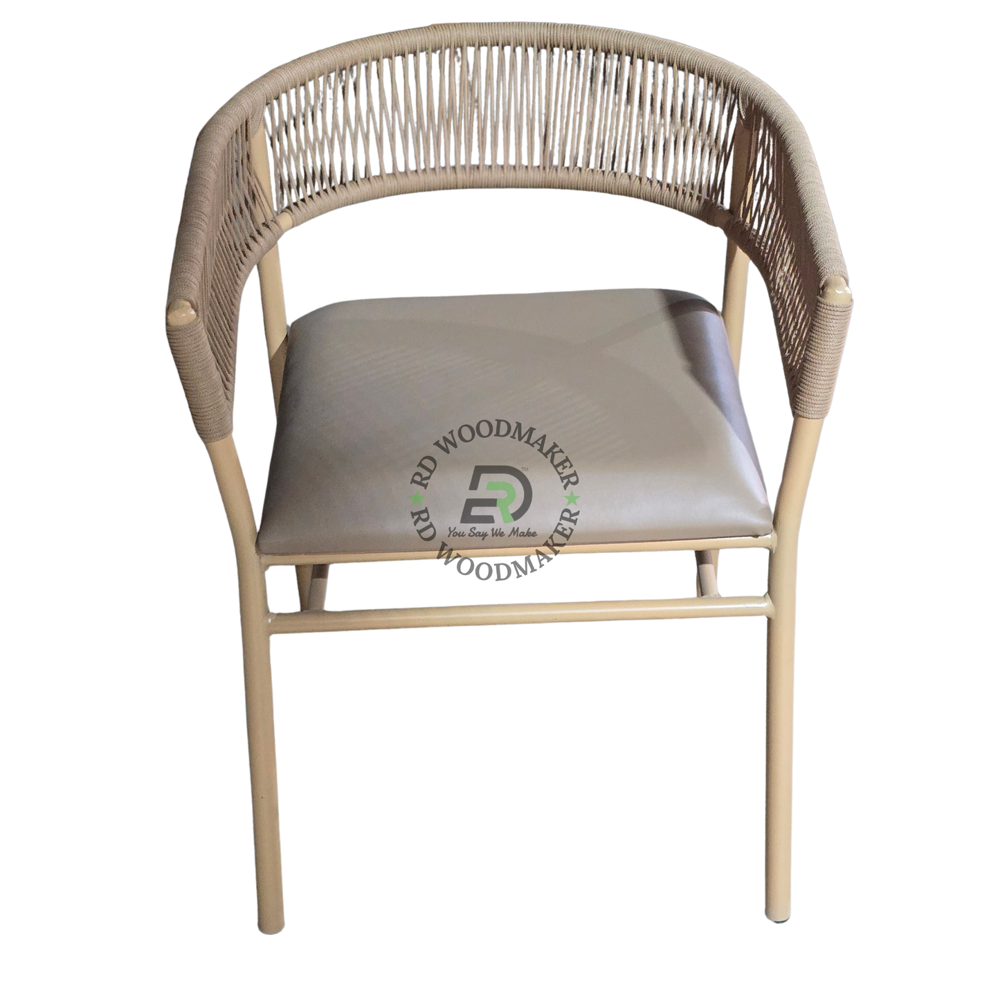 BEIGE ROPE WOVEN METAL DINING ARMCHAIR WITH TAUPE CUSHION