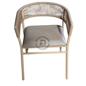 BEIGE ROPE WOVEN METAL DINING ARMCHAIR WITH TAUPE CUSHION