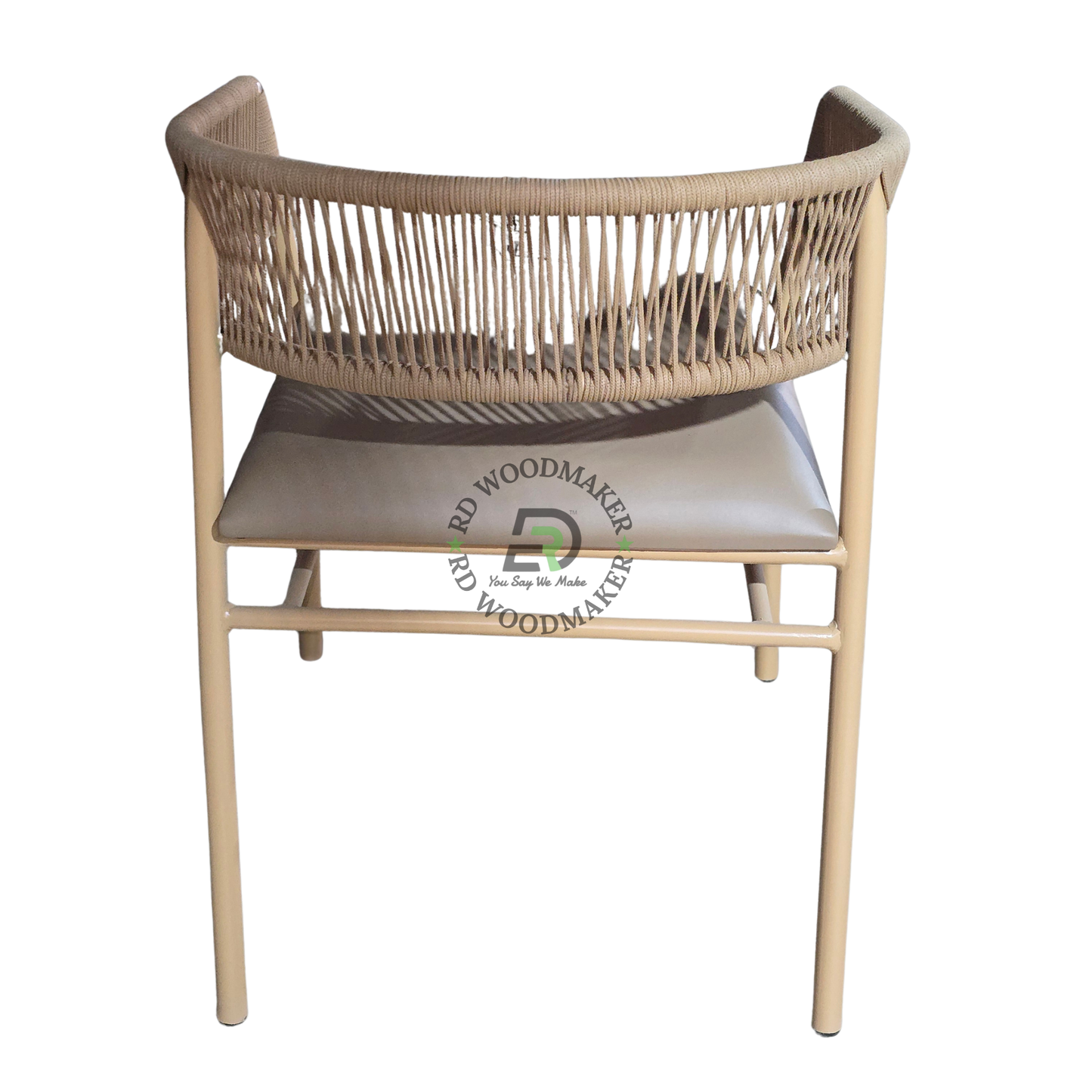 BEIGE ROPE WOVEN METAL DINING ARMCHAIR WITH TAUPE CUSHION
