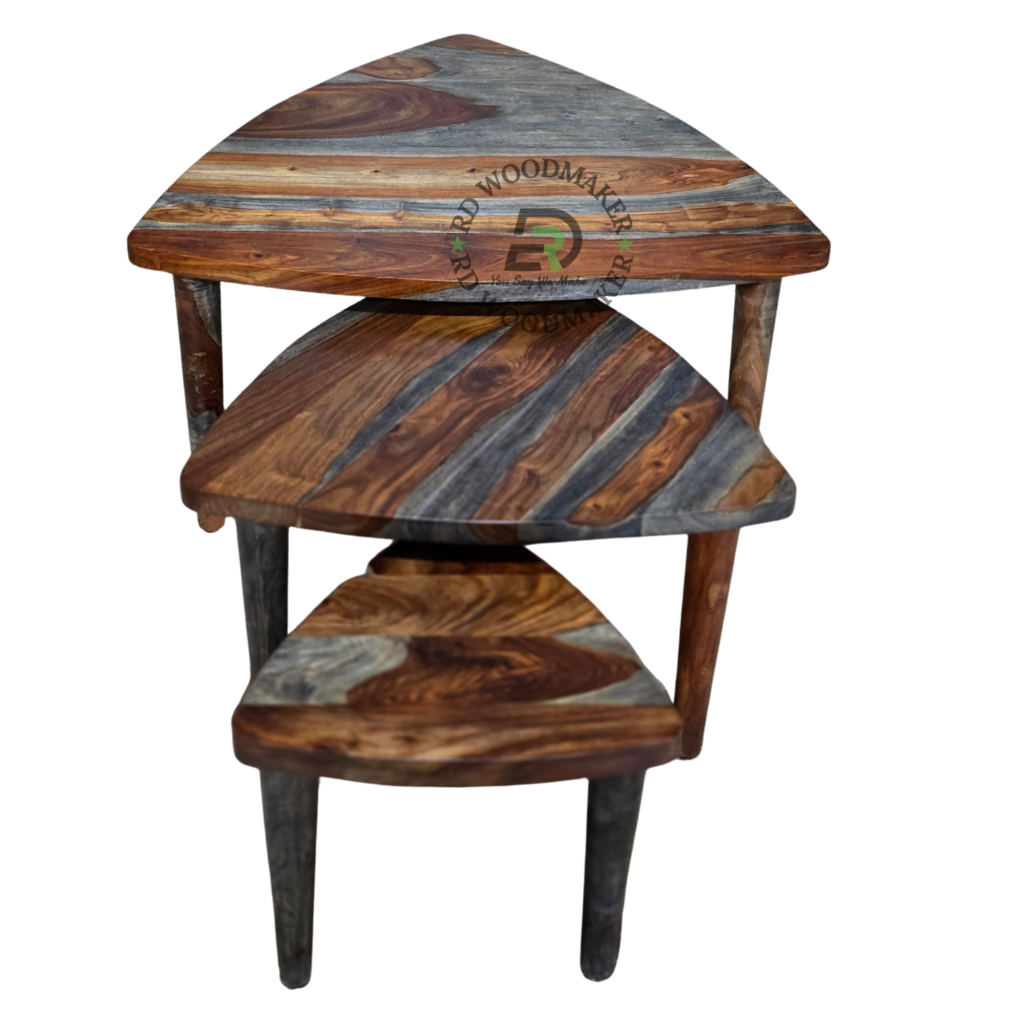 THREE-PIECE TRIANGULAR WOODEN NESTING TABLE SET