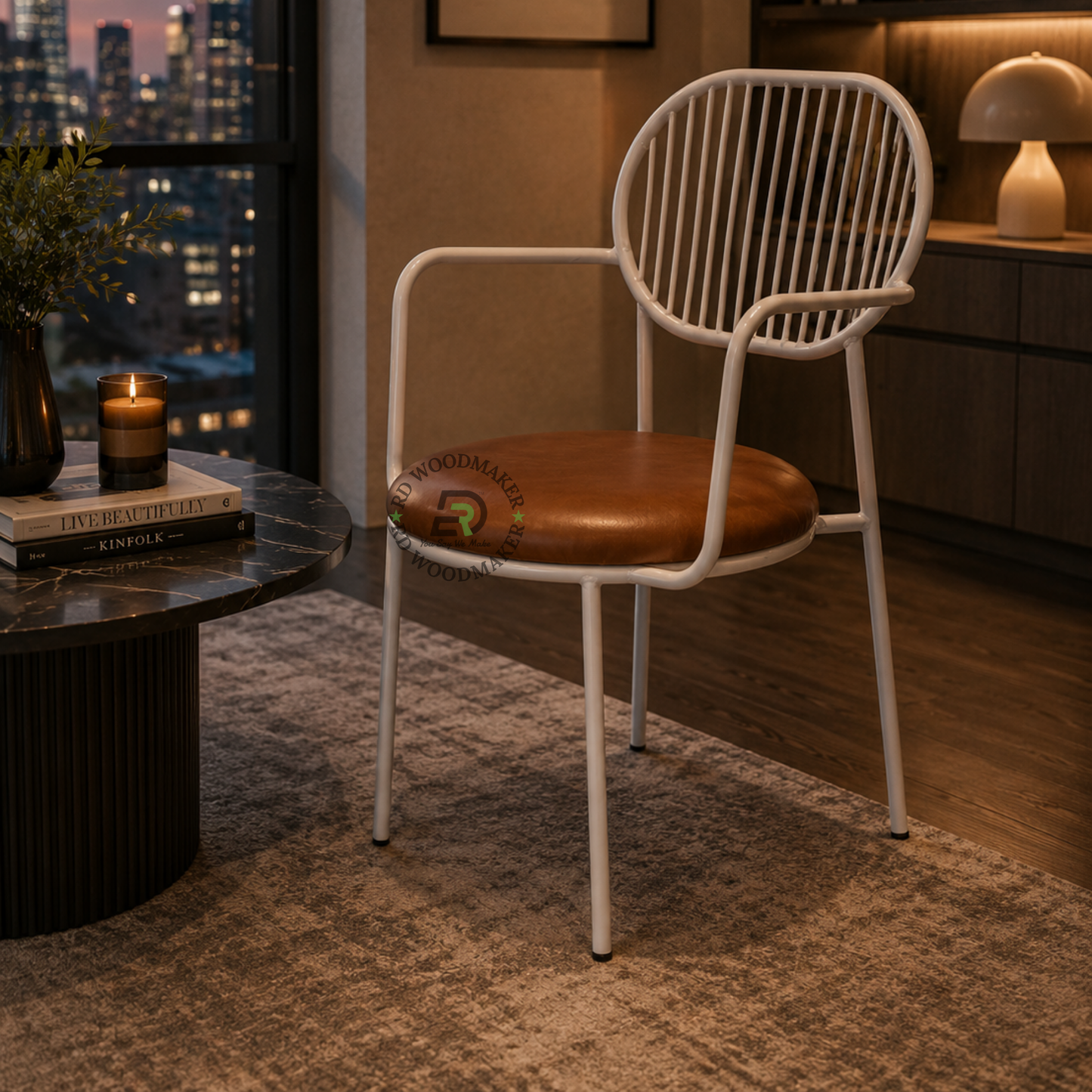 PREMIUM WHITE WIRE BACK ARMCHAIR WITH BROWN UPHOLSTERED SEAT